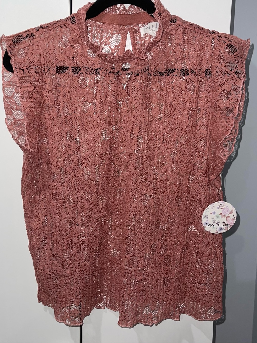 Love & Joy Rose Dust Lace Mock-Neck Flutter Sleeve Top